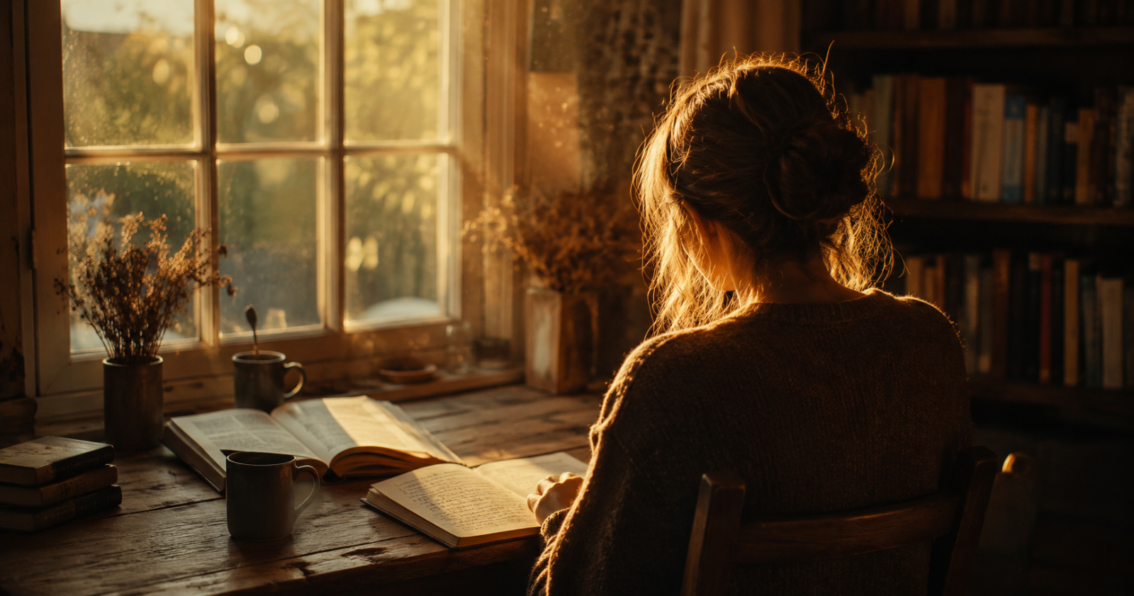 A girl reading man's search for meaning book alone at a warm lit desk, reflecting on purpose and grief