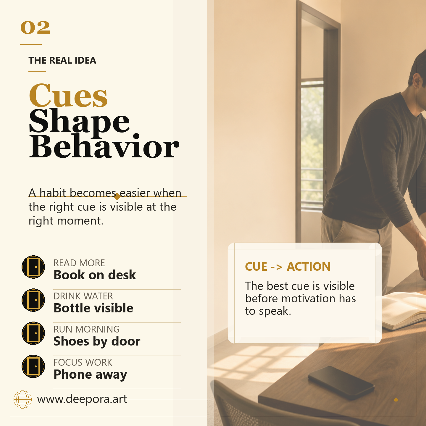 Cues shape behavior Atomic Habits lesson