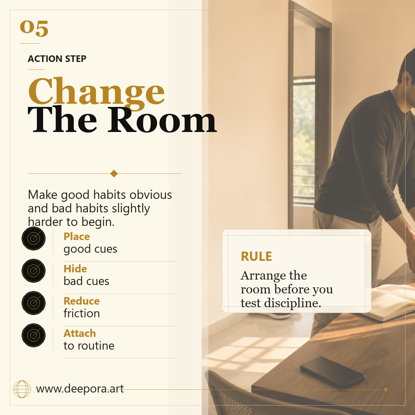 Change the room environment design action steps
