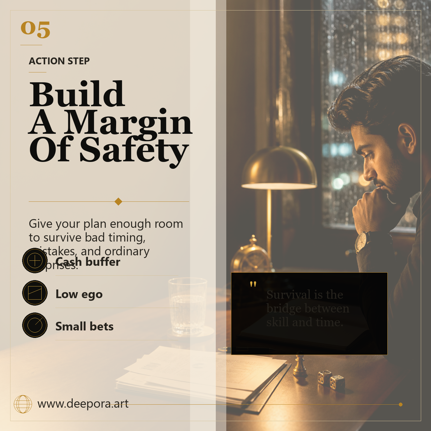 Build a margin of safety with cash buffer low ego and small bets