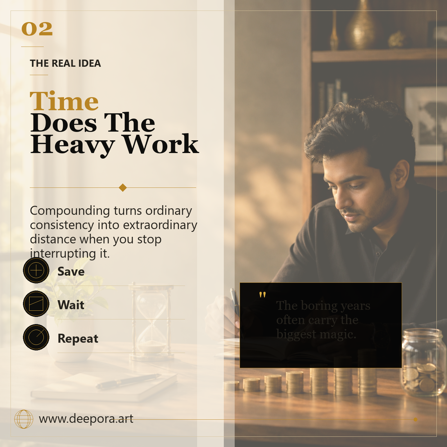 Time does the heavy work in compounding when small actions are repeated