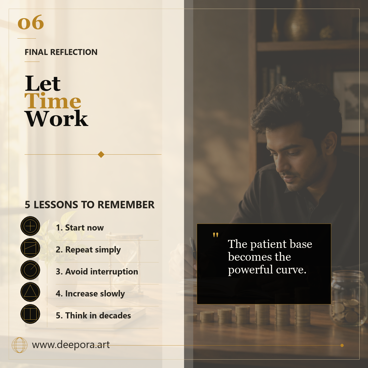 Final reflection on letting time work through patience repetition and long term thinking