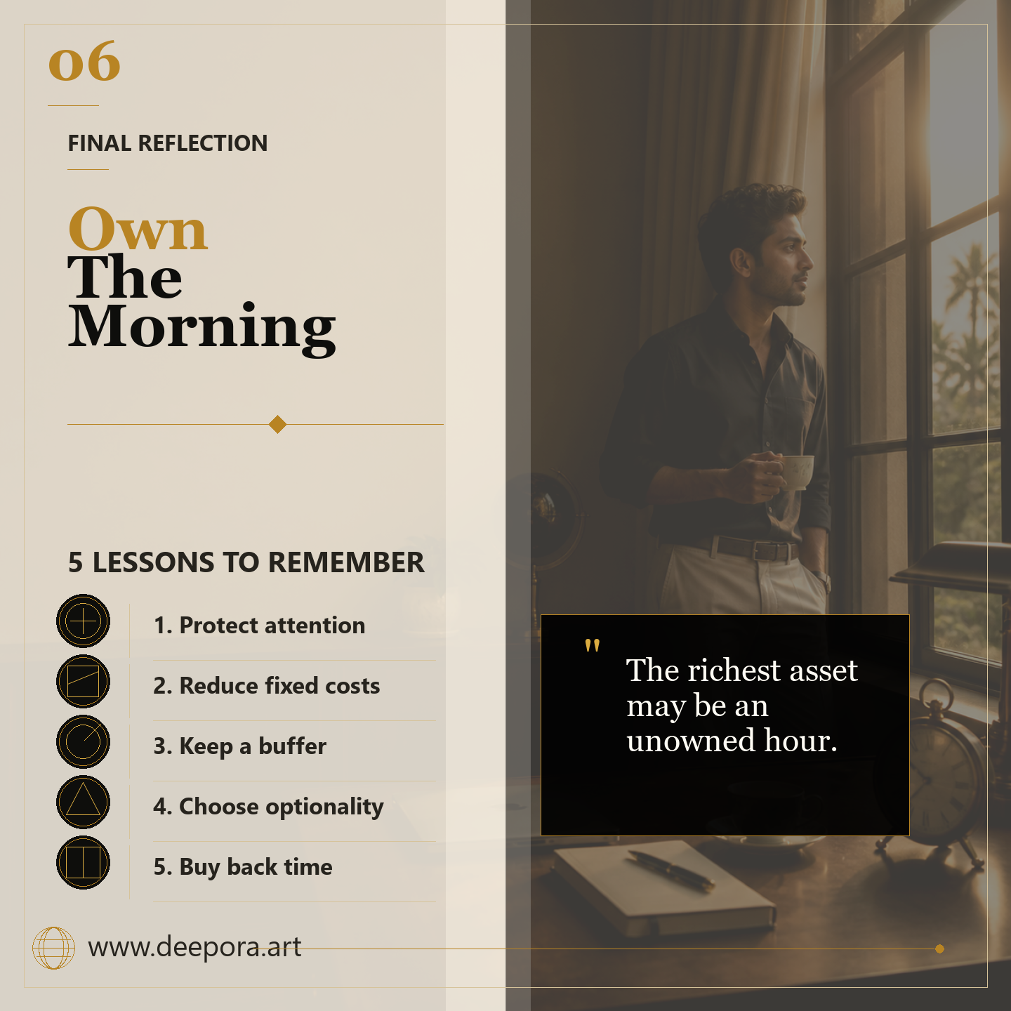 Final reflection on owning your morning and using money to protect time
