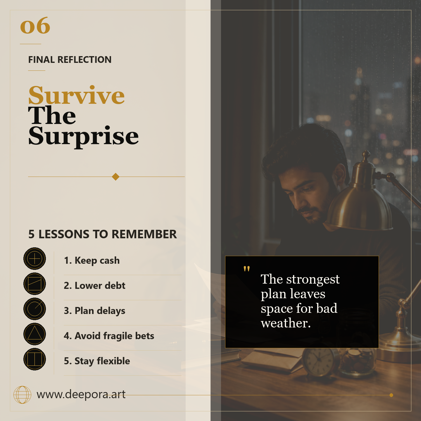 Final reflection on surviving surprises with cash lower debt flexible plans and room for error