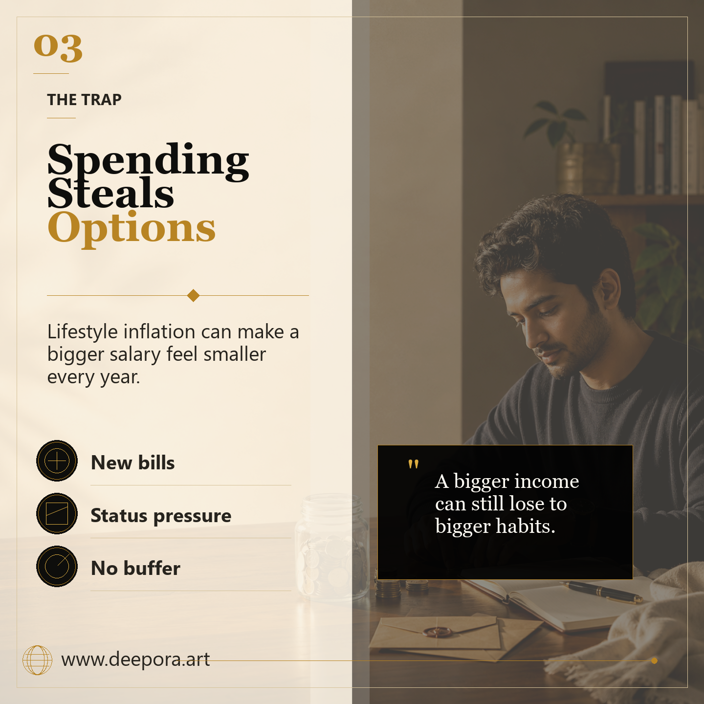 Lifestyle inflation steals options from a bigger salary Deepora carousel slide