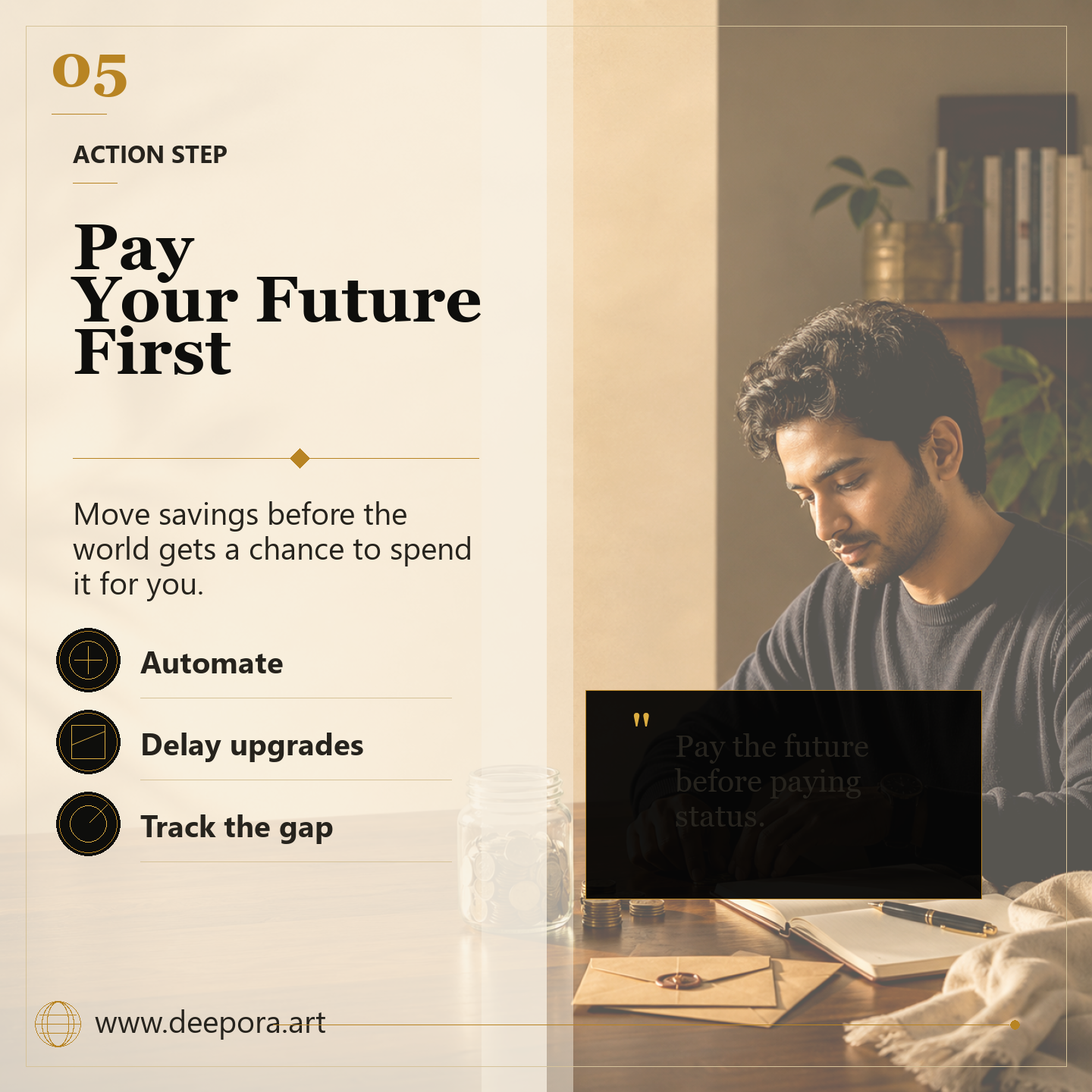 Pay your future first saving action step Deepora editorial carousel slide